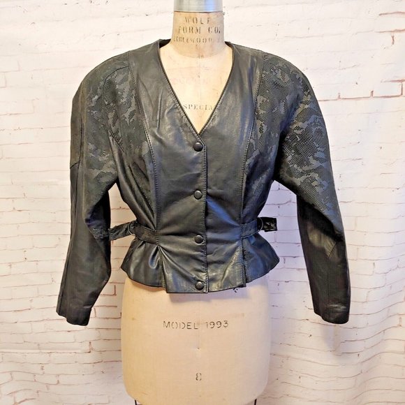chia Jackets & Blazers - Vintage Chia Womens Leather Jacket Size M Medium Cropped Cinch Waist "Snakeskin"